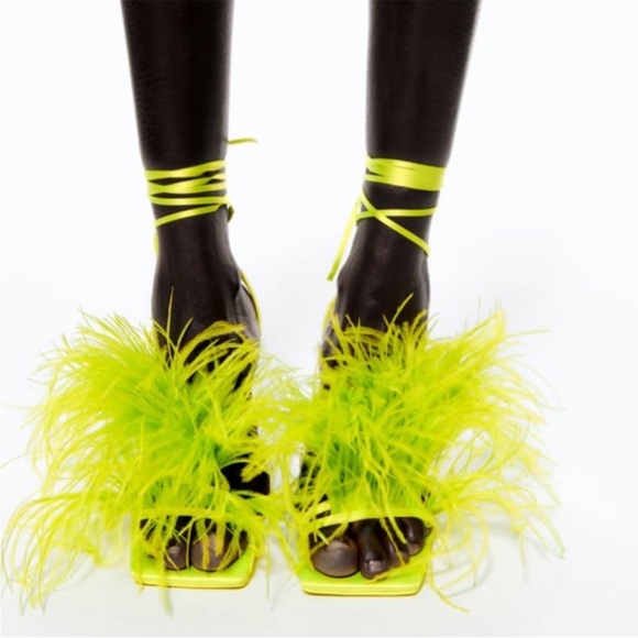 ZARA Neon Green Yellow Feather High Heel Sandals